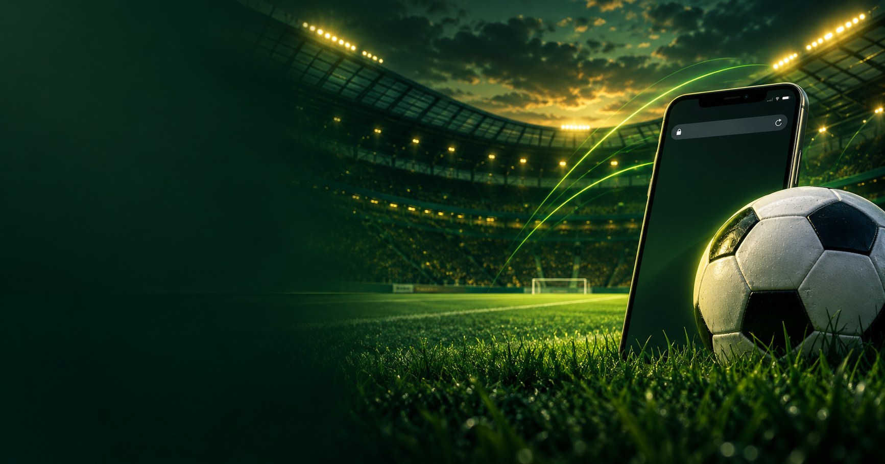 Jojobet erişim rehberi için yeşil stadyum, telefon ve futbol topu illüstrasyonu